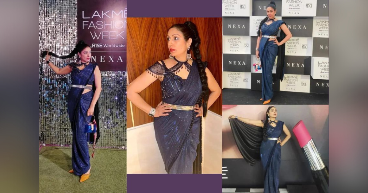Pooja Misra looks like the ultimate fashion icon on Day 1 of Lakme Fashion Week x FDCI in a navy blue drape!